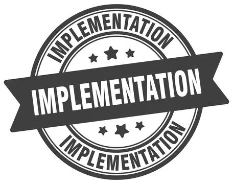 Implementation stamp. implementation label on transparent background. round.. Illustrazione stock