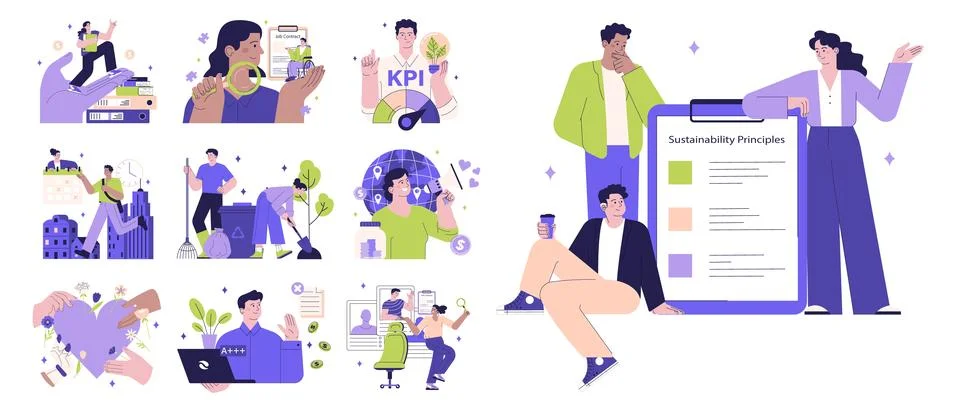 Implementation of sustainable practises in HR manager work set. Illustrazione stock