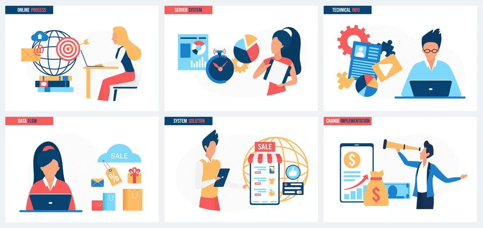 Implementation of system solutions, online processes and technical information Stock Illustration