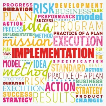 Implementation word cloud collage, business concept background Stock Illustration