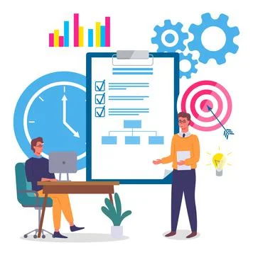 Implementing business solutions, clipboard with completed assignments イラスト素材