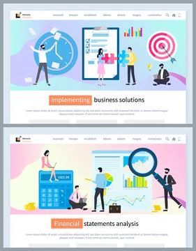 Implementing business solutions, financial statements analysis, landing page of イラスト素材