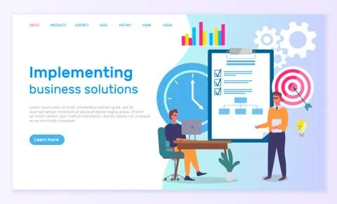 Implementing business solutions side template. Checklist, employees monitor data Stock Illustration