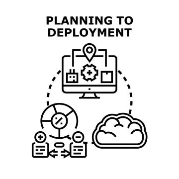Implementing software solution plan from development to deployment 库存插图