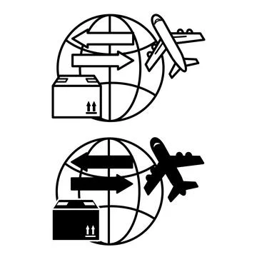 Import and Export Icons. Black and White Vector Illustrations. Globe, Flyin.. Stock Illustration