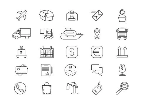 Import and export logistics, shipping and goods delivery, cargo line icons Stock Illustration