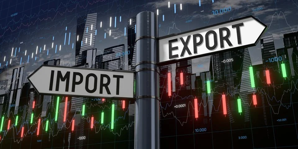 Import and export - signpost with two arrows and financial data Stock Illustration