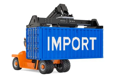 Import Container Shipping concept. Cargo container with reach stacker, 3D ren Stock Illustration