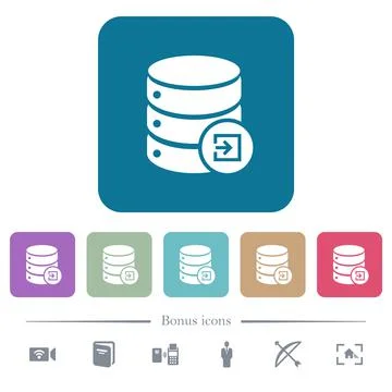 Import database flat icons on color rounded square backgrounds 库存插图