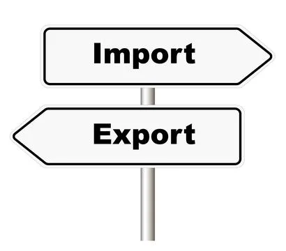 Import Export arrow shaped road sign on white background Illustrazione stock