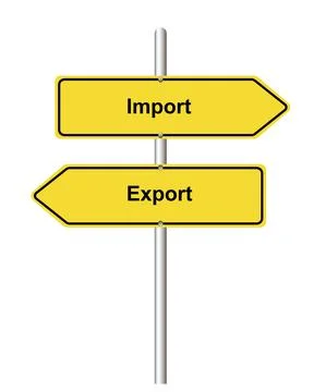 Import Export arrow shaped yellow road sign on white background Illustrazione stock