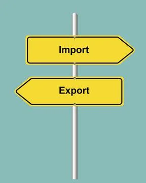 Import Export arrow shaped yellow road sign on turquoise background Illustrazione stock