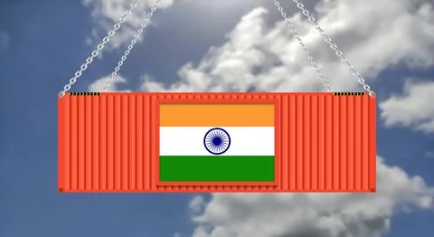 Import export business in India background with hanging cargo container on bl Illustrazione stock