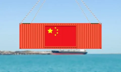 Import export in China with Cargo container hanging on blur sea background. Illustrazione stock