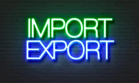 Import export neon sign on brick wall background. Illustrazione stock