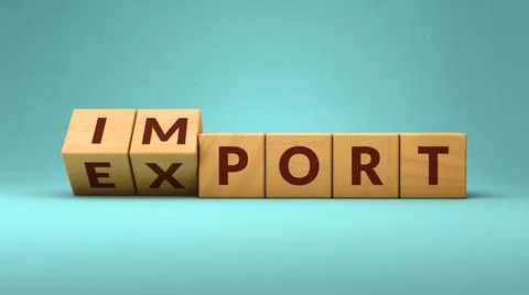 Import export wooden cubes in 3d rendering on a brown background. Word "impor Illustrazione stock