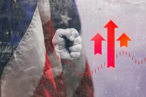 IMPORT TARIFFS depicting the U.S. flag and and a fist with rising red arrow.. Stock Photos