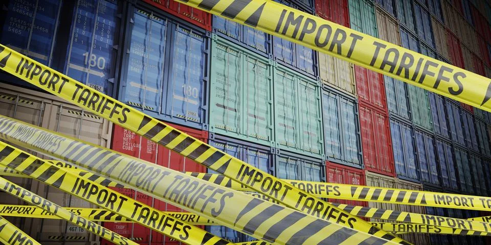 Import tariffs tapes and cargo containers - 3D illustration Stock Illustration