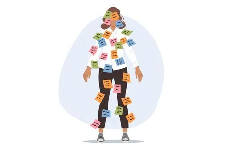 Importance of multitasking causes stress for business woman, with stickers on Stock Illustration