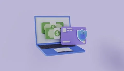 Importance of security in online transactions with laptop, banknotes, shield Stock Illustration