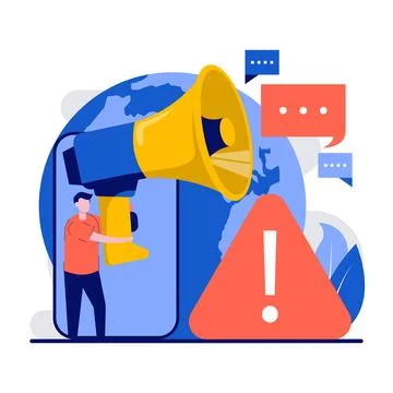 Important announcement concept with tiny character. People holding megaphon.. Stock Illustration