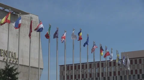 Important countries national flags hoisted in front of meeting building, summer Vídeos de archivo 40541090