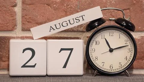 Important date, August 27, summer season. Calendar made of wood on a backgrou Stock-Fotos