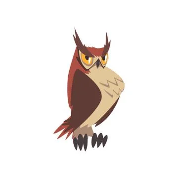 Important Eagle Owl Bird, Funny Great Horned Owl Character with Brown Plumage Illustrazione stock