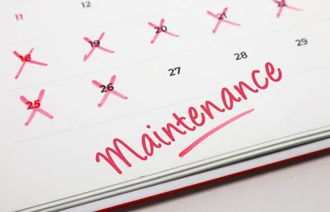 Important Maintenance Schedule Marked on Calendar Pages with Red Ink, Empha.. Stock Photos