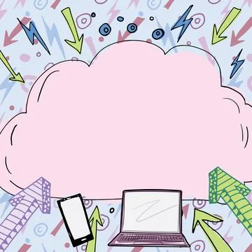 Important Message Written In Cloud Above Lap Top, Mobile Phone, Arrows And Ilustração Stock