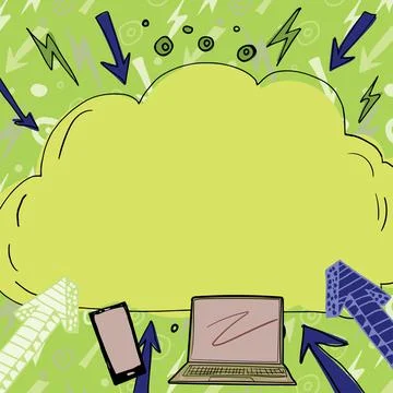Important Message Written In Cloud Above Lap Top, Mobile Phone, Arrows And Ilustração Stock