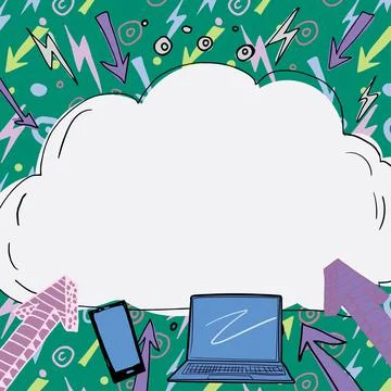 Important Message Written In Cloud Above Lap Top, Mobile Phone, Arrows And Ilustração Stock