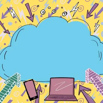 Important Message Written In Cloud Above Lap Top, Mobile Phone, Arrows And Ilustração Stock