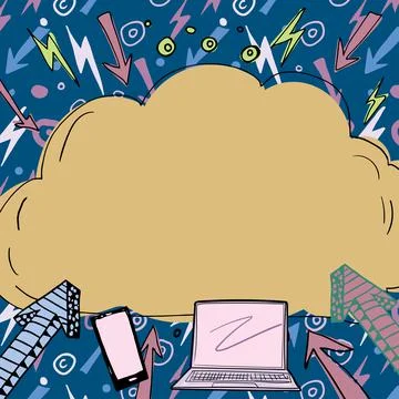 Important Message Written In Cloud Above Lap Top, Mobile Phone, Arrows And Ilustração Stock