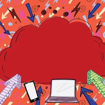 Important Message Written In Cloud Above Lap Top, Mobile Phone, Arrows And Stock Illustration