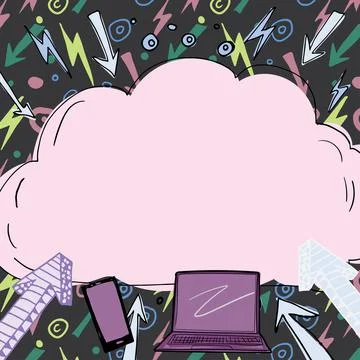 Important Message Written In Cloud Above Lap Top, Mobile Phone, Arrows And Ilustração Stock