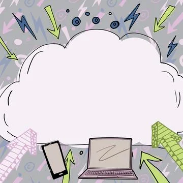 Important Message Written In Cloud Above Lap Top, Mobile Phone, Arrows And Ilustração Stock