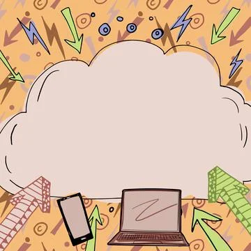Important Message Written In Cloud Above Lap Top, Mobile Phone, Arrows And Ilustração Stock