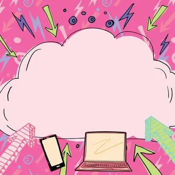 Important Message Written In Cloud Above Lap Top, Mobile Phone, Arrows And Ilustração Stock