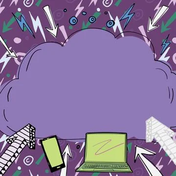 Important Message Written In Cloud Above Lap Top, Mobile Phone, Arrows And Ilustração Stock
