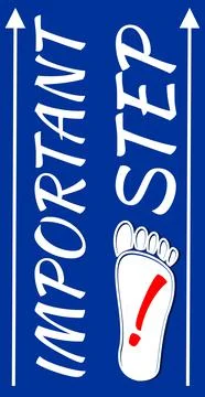 Important step vertical label with footprint and exclamation mark, lettering on Illustrazione stock