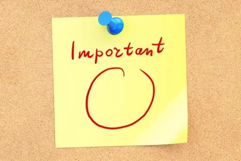 Important text on a sticky note pinned to a corkboard. 3D rendering Stock Illustration