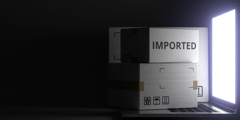 IMPORTED text the boxes on the laptop on dark background. 3D rendering Stockillustratie