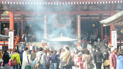 Imposing Buddhist structure features a massive paper lantern Stock Footage 37690980
