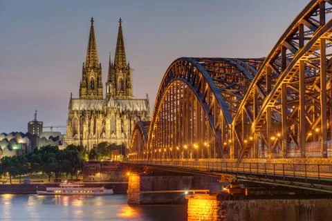 The imposing cathedral of Cologne at dusk Stock Photos