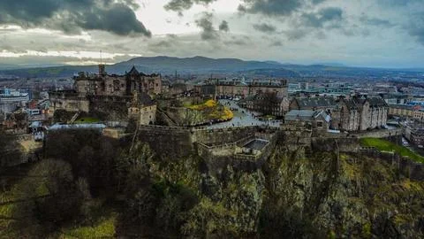 The Imposing Cliffs of Castle Rock Holding Edinburgh Castle Stock Photos