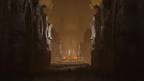 Imposing Dark Castle, Lava, Gargoyle, Fire, Darkness, Statue 3D Animations R Vidéo 255831038