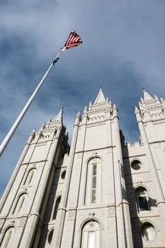 Imposing facade of the Mormon Temple in Temple Square, Salt Lake City, Utah Stock Photos
