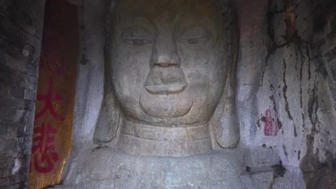 Imposing Stone Buddha Statue in Jinan's Fohui Mountain Temple Stock Footage 331148515