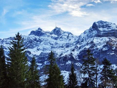 The imposing top of Säntis (Santis or Saentis) at Alpstein mountain range Stock Photos